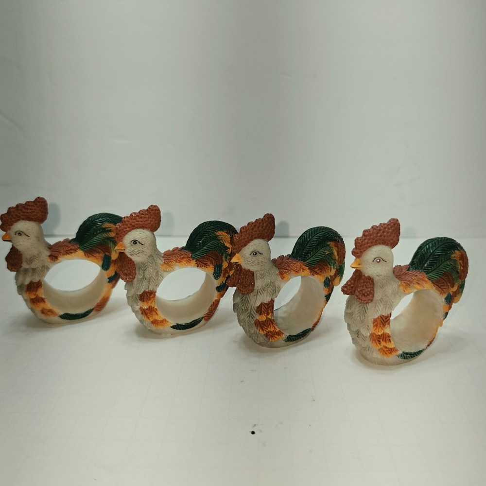 Vintage Style Rooster Napkin Rings Set of 4 Farmhouse Resin Chicken Table Decor